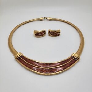 Trifari Retro 70s Collar Bib Snake Necklace & Earring Set Gold Plated